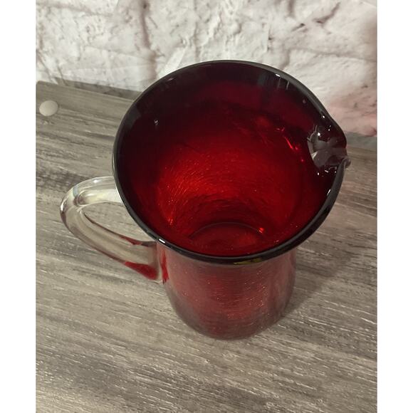 Vintage Ruby Red Hand Blown Crackle Glass Pitcher Clear Handle 6 7/8” Tall - Picture 5 of 8
